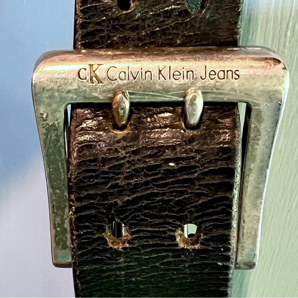 VINTAGE‎ Calvin Klein black genuine leather belt silver signature double buckle